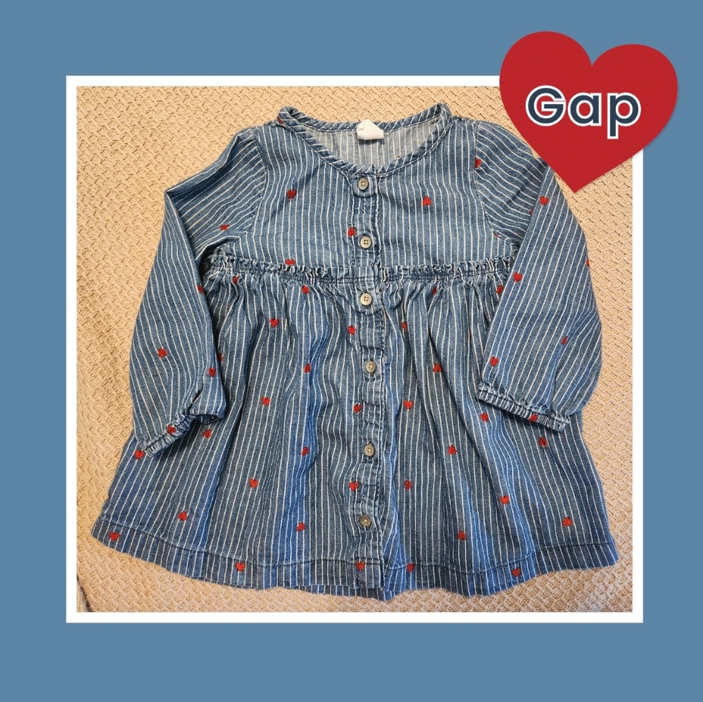 Denim Blue White Striped Red Embroidered Heart Dress Long Sleeves, Gap 18-24 Mos